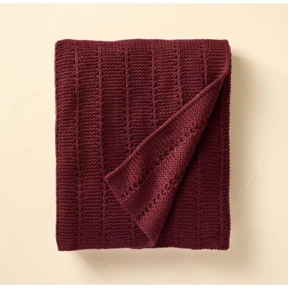 Solid Rib Stripe Knit Throw Blanket Burgundy - Hearth & Hand with Magnolia NEW - Picture 1 of 6